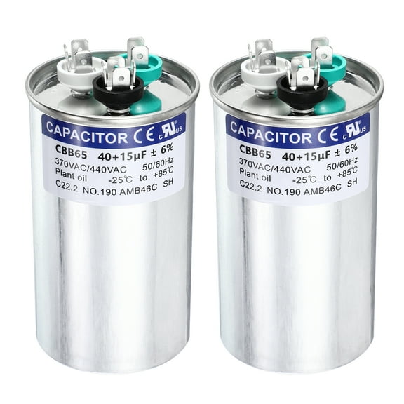 Uxcell 2Pcs 40+15 MFD CBB65 Run Start Capacitor 40+15 uF, 370/440V Round AC Capacitor for AC Motor Run, HVAC, Air Conditioner, Condenser Motors