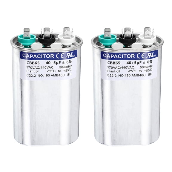 Uxcell 2Pcs 40+5 MFD CBB65 Run Start Capacitor 40+5 uF, 370/440V Oval AC Capacitor for AC Motor Run, HVAC, Air Conditioner, Condenser Motors