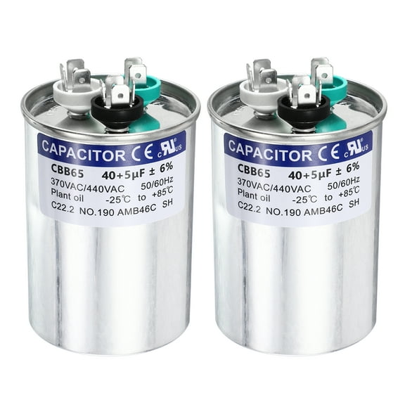 Uxcell 2Pcs 40+5 MFD CBB65 Run Start Capacitor 40+5 uF, 370/440V Round AC Capacitor for AC Motor Run, HVAC, Air Conditioner, Condenser Motors