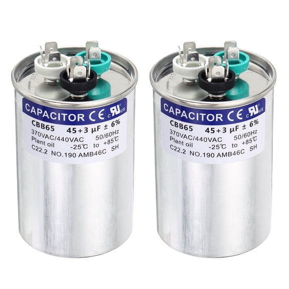 Uxcell 2Pcs 45+3MFD CBB65 Run Start Capacitor 45+3uF, 370/440V Round AC Capacitor for AC Motor Run, HVAC, Air Conditioner, Condenser Motors