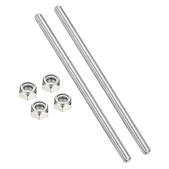 Uxcell 2Pcs 5/16"-18x200mm Threaded Rods with Hex Nuts, 304 Stainless Steel Fully Threaded Rod Right Hand Threads with 4Pcs Nylon Insert Lock Nut for Clamps Hangers U-Bolt, Silver Tone