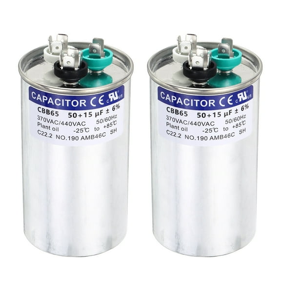 Uxcell 2Pcs 50+15MFD CBB65 Run Start Capacitor 50+15uF, 370/440V Round AC Capacitor for AC Motor Run, HVAC, Air Conditioner, Condenser Motors
