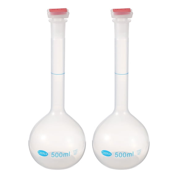 Uxcell 2Pcs 500ml Volumetric Flask, Polypropylene Graduated Volumetric Measuring Flask with Red Plug Cap Tolerance 0.5ml for Laboratory Science Experiment, Clear