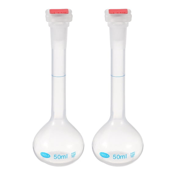 Uxcell 2Pcs 50ml Volumetric Flask, Polypropylene Graduated Volumetric Measuring Flask with Red Plug Cap Tolerance 0.3ml for Laboratory Science Experiment, Clear