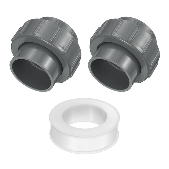 Uxcell 2Pcs 50mm(1-1/2") PVC-Union Coupling Pipe Fitting, Slip Joint Adapter (Socket x Socket) Built-in EPDM O-Ring with Tape for Irrigation Systems, Pipe Connection, Gray