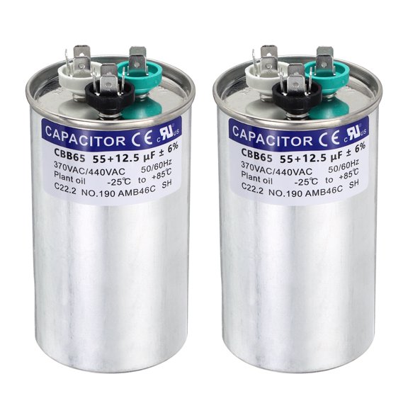Uxcell 2Pcs 55+12.5MFD CBB65 Run Start Capacitor 55+12.5uF, 370/440V Round AC Capacitor for AC Motor Run, HVAC, Air Conditioner, Condenser Motors