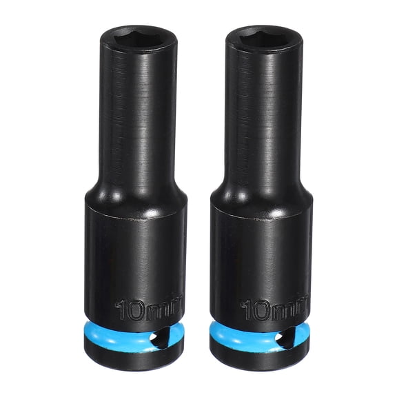 Uxcell 2Pcs 6 Point Deep Impact Socket 1/2" Drive 10mm Metric CR-V Steel Spindle Axle Hex Nut Bolt Sockets 3" Long for Auto Machine Repair, Blue Black