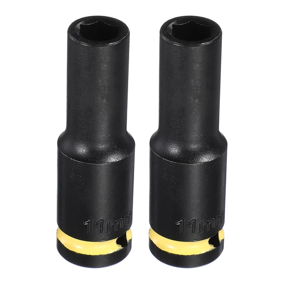 Uxcell 2Pcs 6 Point Deep Impact Socket 1/2" Drive 11mm Metric CR-V Steel Spindle Axle Hex Nut Bolt Sockets 3" Long for Auto Machine Repair, Yellow Black