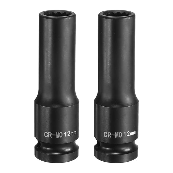 Uxcell 2Pcs 6-Point Deep Impact Socket 1/2 Inch Drive 12mm Metric Chrome Molybdenum Alloy Steel Spindle Axle Nut Impact Socket