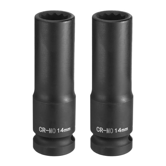 Uxcell 2Pcs 6-Point Deep Impact Socket 1/2 Inch Drive 14mm Metric Chrome Molybdenum Alloy Steel Spindle Axle Nut Impact Socket