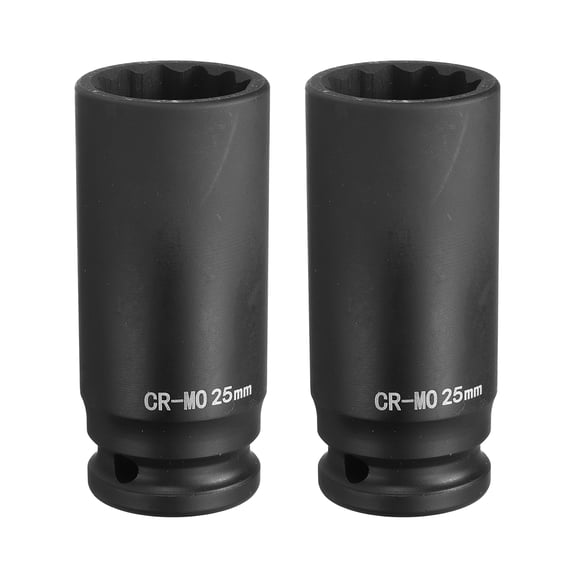 Uxcell 2Pcs 6-Point Deep Impact Socket 1/2 Inch Drive 25mm Metric Chrome Molybdenum Alloy Steel Spindle Axle Nut Impact Socket