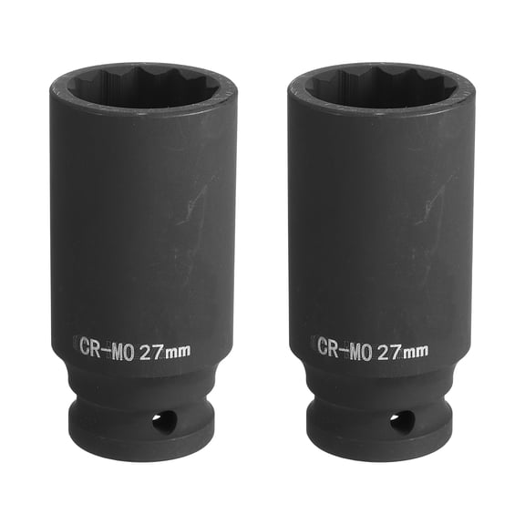 Uxcell 2Pcs 6-Point Deep Impact Socket 1/2 Inch Drive 27mm Metric Chrome Molybdenum Alloy Steel Spindle Axle Nut Impact Socket