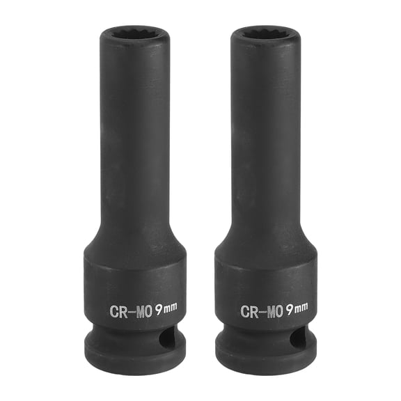 Uxcell 2Pcs 6-Point Deep Impact Socket 1/2 Inch Drive 9mm Metric Chrome Molybdenum Alloy Steel Spindle Axle Nut Impact Socket