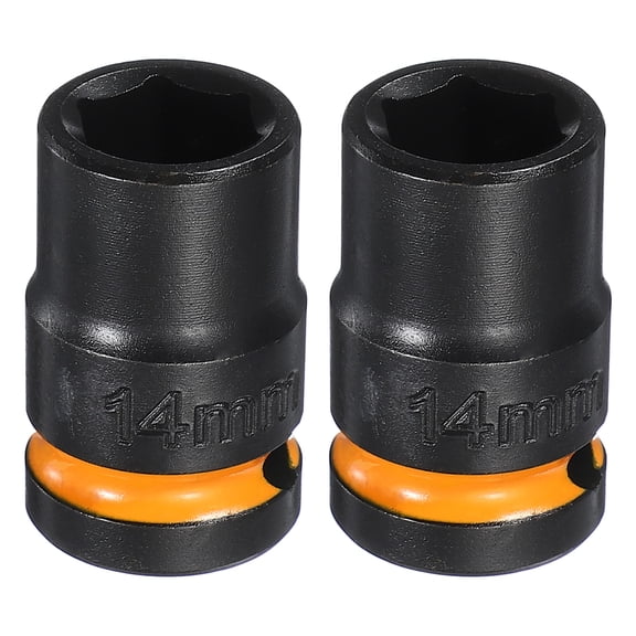 Uxcell 2Pcs 6 Point Shallow Impact Socket 1/2" Drive 14mm Metric CR-V Steel Spindle Axle Hex Nut Bolt Sockets 1.5" Long for Auto Machine Repair, Orange Black
