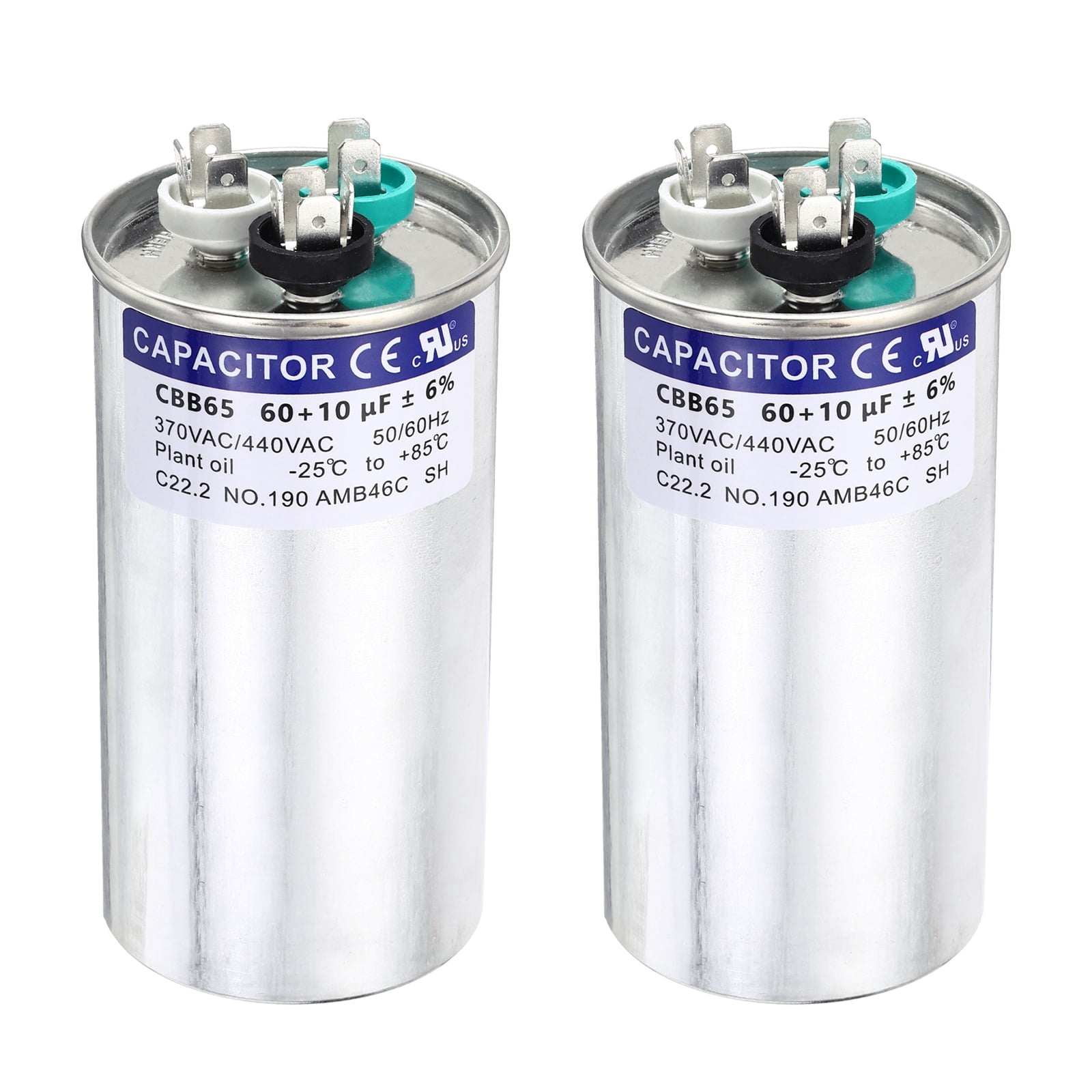Uxcell 2Pcs 60+10MFD CBB65 Run Start Capacitor 60+10uF, 370/440V Round AC Capacitor for AC Motor Run, HVAC, Air Conditioner, Condenser Motors