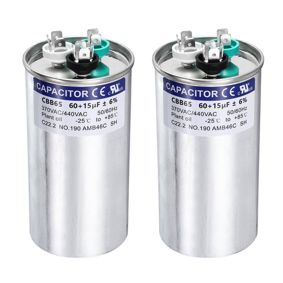 Uxcell 2Pcs 60+15MFD CBB65 Run Start Capacitor 60+15uF, 370/440V Round AC Capacitor for AC Motor Run, HVAC, Air Conditioner, Condenser Motors