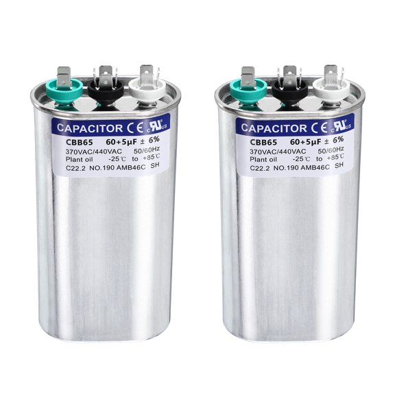 Uxcell 2Pcs 60+5MFD CBB65 Run Start Capacitor 60+5uF, 370/440V Oval AC Capacitor for AC Motor Run, HVAC, Air Conditioner, Condenser Motors