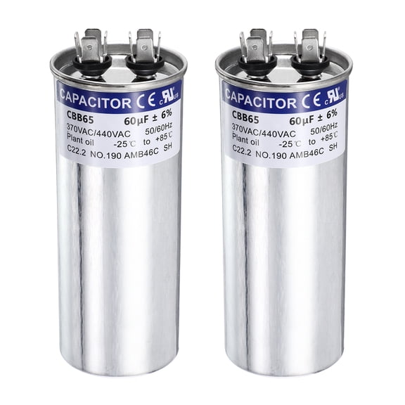 Uxcell 2Pcs 60MFD CBB65 Run Start Capacitor 60uF, 370/440V Round AC Capacitor for AC Motor Run, HVAC, Air Conditioner, Condenser Motors