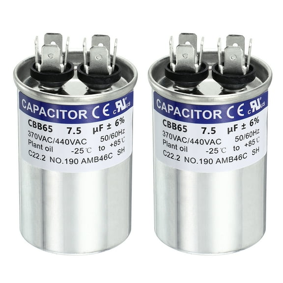 Uxcell 2Pcs 7.5MFD CBB65 Run Start Capacitor 7.5uF, 370/440V Round AC Capacitor for AC Motor Run, HVAC, Air Conditioner, Condenser Motors