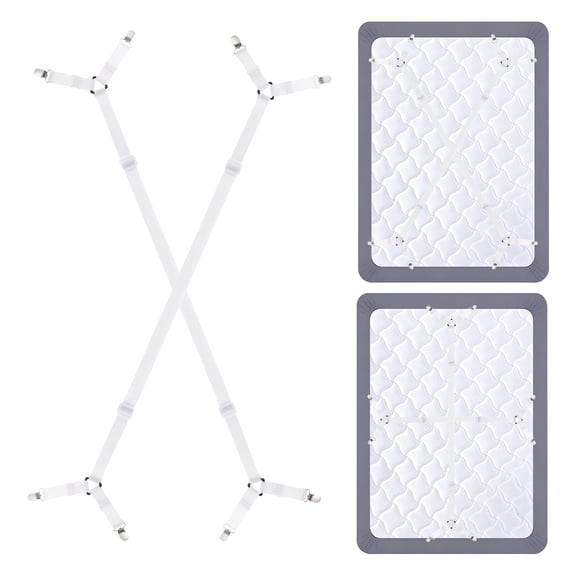 Uxcell 2Pcs Bed Sheet Holder Straps, Elastic Adjustable Bedsheet Holders 2 Way Cross 4 Clips Fitted Sheet Holders for Corners, White