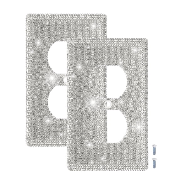 Uxcell 2Pcs Bling Rhinestone Light Switch Cover Silver/White Glitter Wall Plate Shiny Outlet Covers Decorative for Bedroom Kitchen Living Room Home Decor, Duplex Outlet, 4.5x2.8"