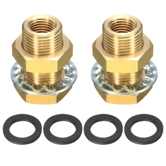 Uxcell 2Pcs Brass Bulkhead Fitting NPT 1/4" Female Double Threaded Water Tank Connector with Washers for Rain Bucket Sinks Aquariums