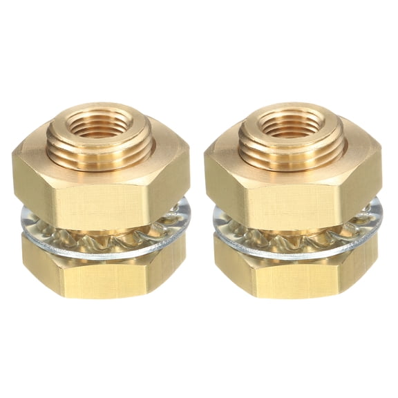 Uxcell 2Pcs Brass Bulkhead Fitting NPT 1/8" Female Double Threaded Water Tank Connector with Seal Washers for Rain Bucket Sinks Aquariums