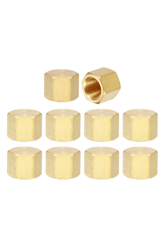 10Pcs Brass Compression Cap Fitting Stop Valve Cap 1/8" NPT Hex Thread Flare Cap Tubing Ends Sealing Cap(Gold Tone)