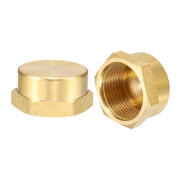 2Pcs Brass Compression Cap Fitting Stop Valve Cap 1" NPT Hex Thread Flare Cap Tubing Ends Sealing Cap(Gold Tone)