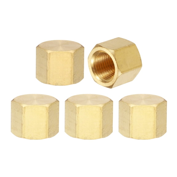 5Pcs Brass Compression Cap Fitting Stop Valve Cap 1/8" NPT Hex Thread Flare Cap Tubing Ends Sealing Cap(Gold Tone)