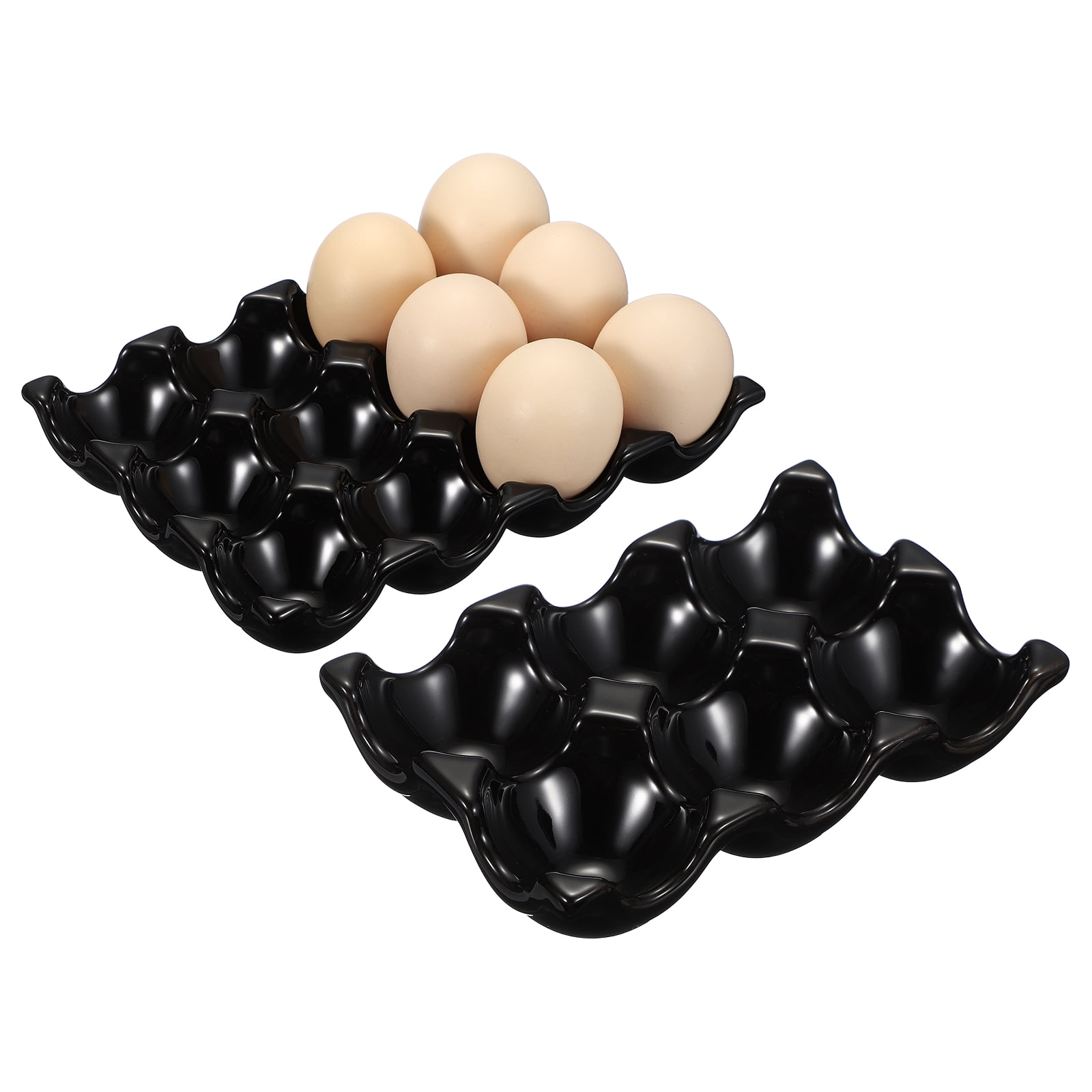Uxcell 2Pcs Ceramic 6 Cups Egg Tray Holder, Porcelain Eggs Container for Home Countertop Kitchen Storage Refrigerator Fridge Decorative Serving Display, Black