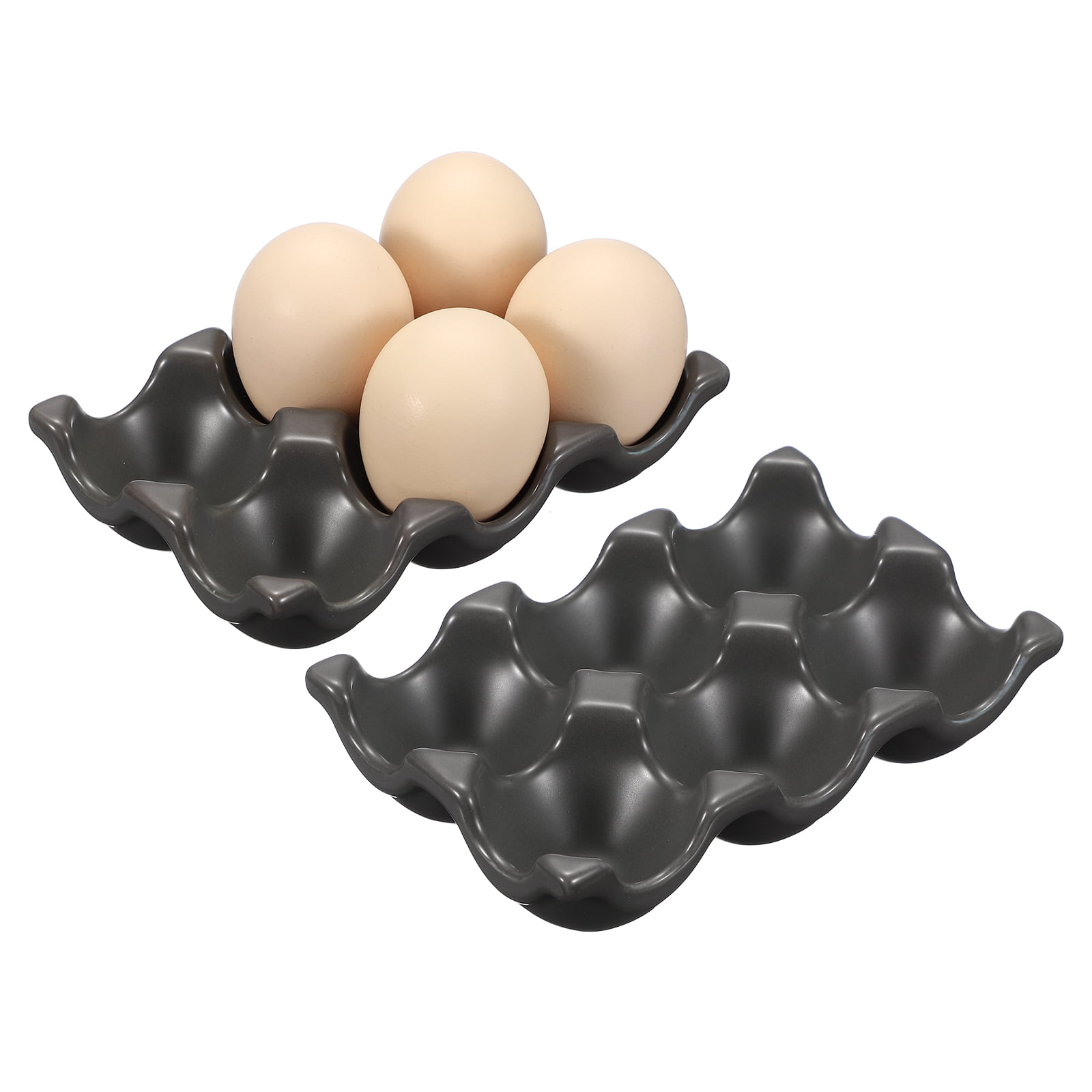 Uxcell 2Pcs Ceramic 6 Cups Egg Tray Holder, Porcelain Eggs Container for Home Countertop Kitchen Storage Refrigerator Fridge Decorative Serving Display, Dark Grey