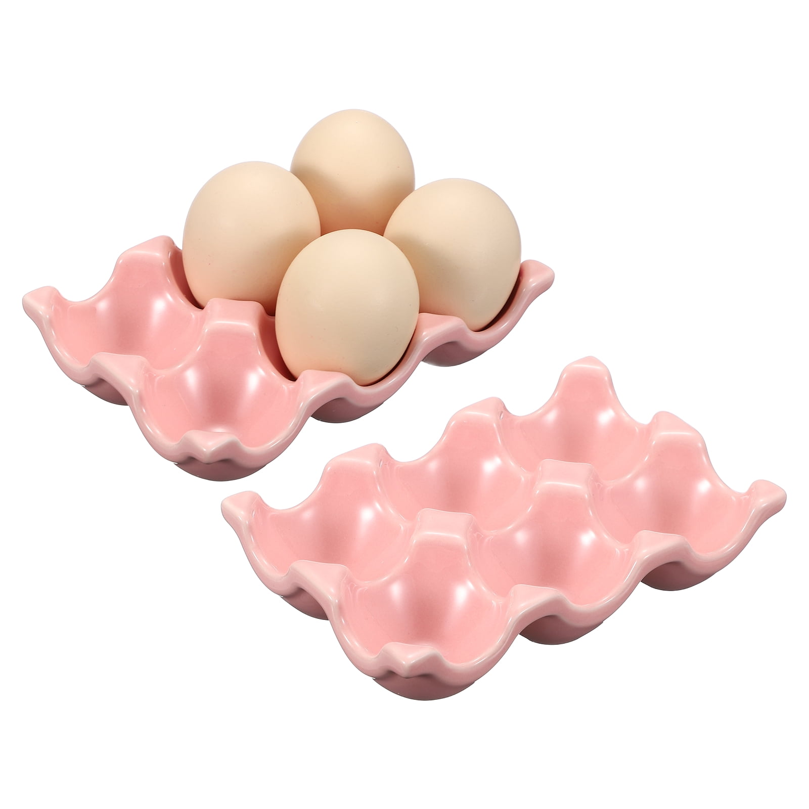 Uxcell 2Pcs Ceramic 6 Cups Egg Tray Holder, Porcelain Eggs Container for Home Countertop Kitchen Storage Refrigerator Fridge Decorative Serving Display, Pink