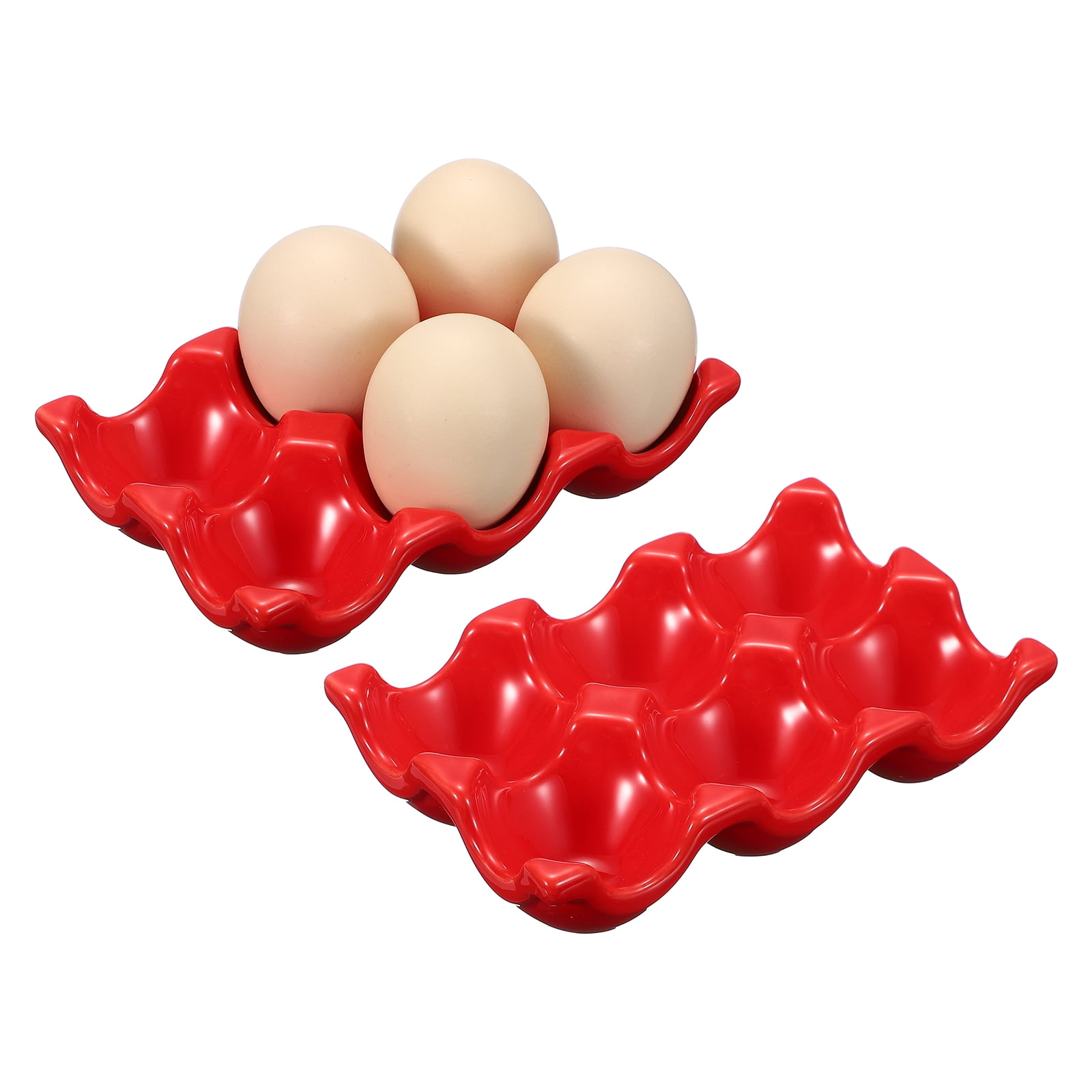 Uxcell 2Pcs Ceramic 6 Cups Egg Tray Holder, Porcelain Eggs Container for Home Countertop Kitchen Storage Refrigerator Fridge Decorative Serving Display, Red