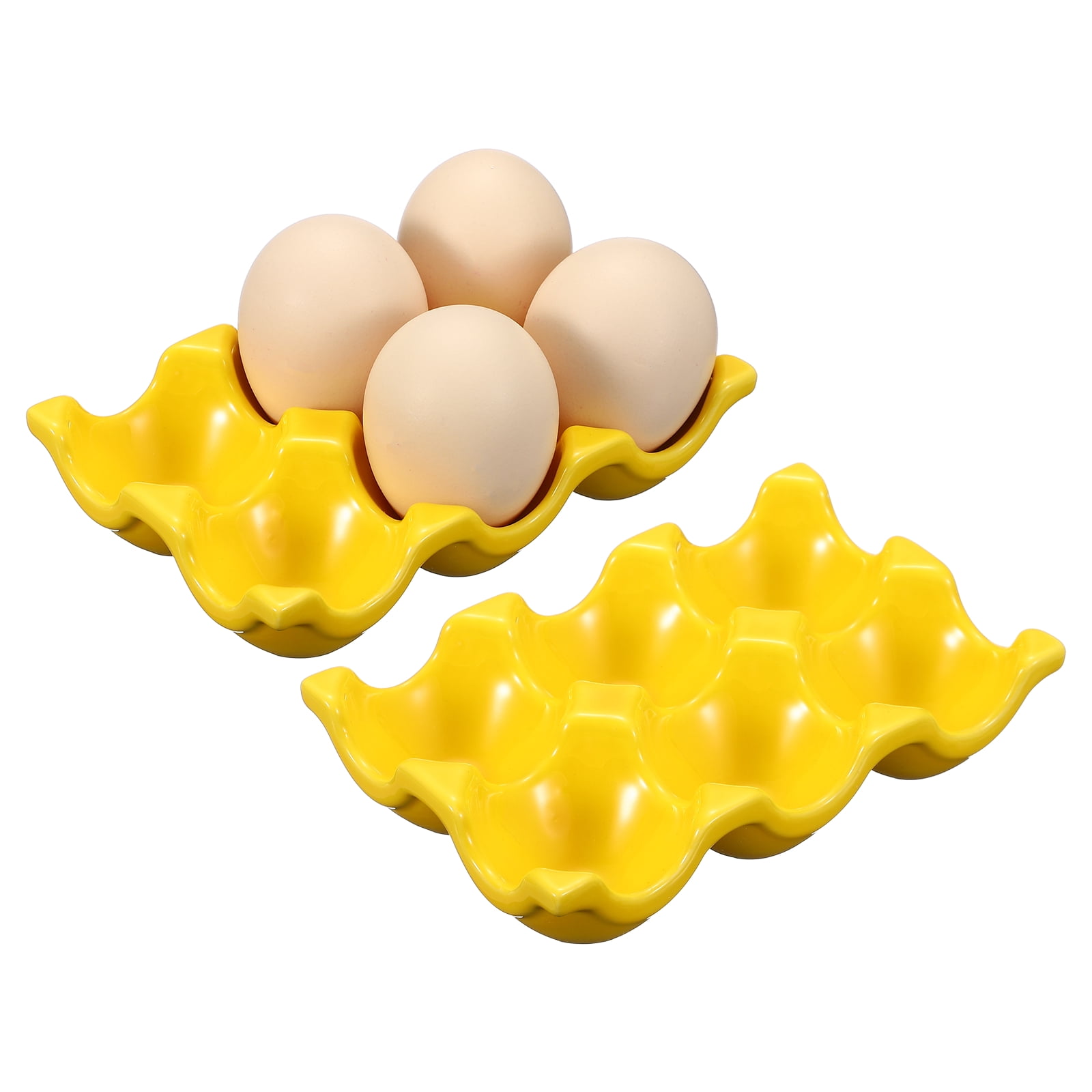 Uxcell 2Pcs Ceramic 6 Cups Egg Tray Holder, Porcelain Eggs Container for Home Countertop Kitchen Storage Refrigerator Fridge Decorative Serving Display, Yellow