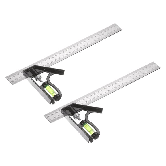Uxcell 2Pcs Combination Square Ruler 12" / 300mm Metric Stainless Steel Carpenter Combo Square Metal Woodworking Measure Tool with Bubble Level for Metalworking and Carpentry, Silver