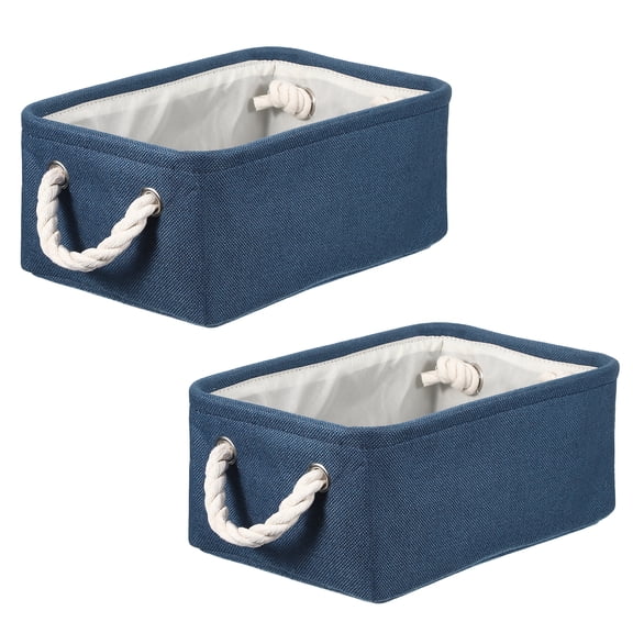 Uxcell 2Pcs Fabric Storage Bins, 12 x 8.3 x 5 Inch Foldable Storage Cubes with Rope Handles Collapsible Bins Baskets for Home Office Shelves Closet Clothes Books Organizing, Dark Blue