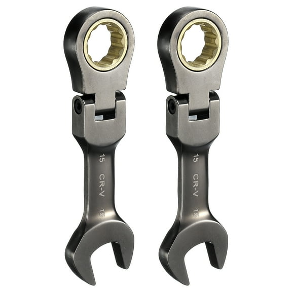 Uxcell 2Pcs Flex Head Stubby Ratcheting Combination Wrench 15mm Metric 72-Teeth CR-V Steel Nickel Plated