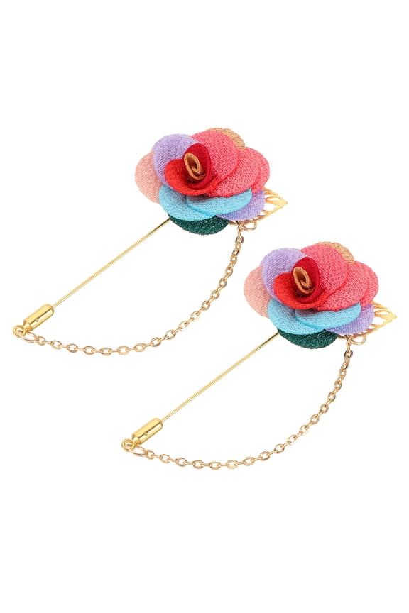 2Pcs Flower Lapel Stick Brooch Pin with Gold Leaf Brooch Satin Tassel Chain Dangling Handmade Boutonnieres Pins for Suit Collar Wedding Party, Multicolor