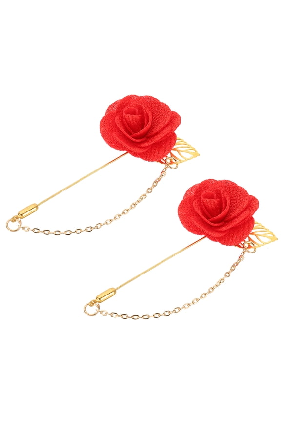 2Pcs Flower Lapel Stick Brooch Pin with Gold Leaf Brooch Satin Tassel Chain Dangling Handmade Boutonnieres Pins for Suit Collar Wedding Party, Orange