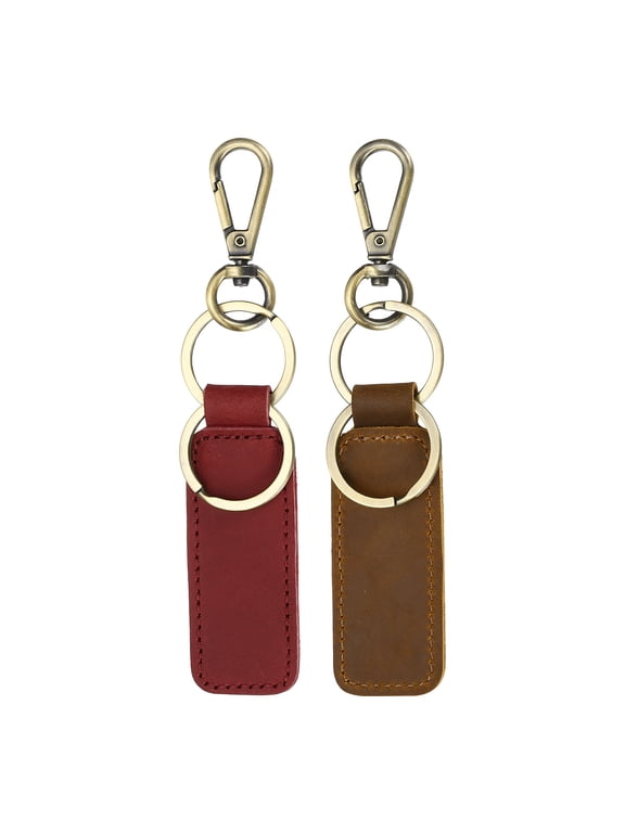 2Pcs Genuine Leather Keychain, Metal Key Ring Wine Red/Brown Double Ring Leather Car Keys Fob Universal Key Chain Holder with Belt Loop Bag Clip for Men and Women