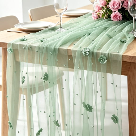 Uxcell 2Pcs Grass Green Flower Pearl Gauze Table Runner, 10ftx29", Tulle Seasonal Spring Kitchen Dining Table Decor for Home Dining Room Wedding Bridal Shower Birthday Anniversary Party