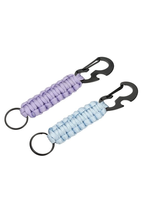 2Pcs Heavy Duty Braided Paracord Keychain, Paracord Keychains Landyard Necklace with Bottle Opener D Hook Clip for Camping Hiking Outdoor Activities Key Ring, Light Blue/Purple