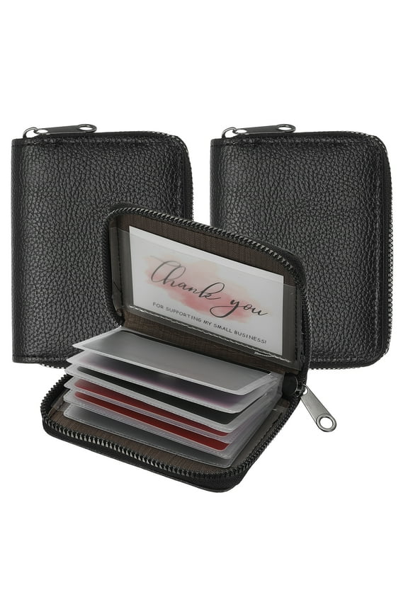 2Pcs ID Case Organizer with Zipper, Zipper Card Case Organizer, Leather Credit Card Holder with 20 Card Slots for Women Men Small Zipper Wallet, Black (Window style)