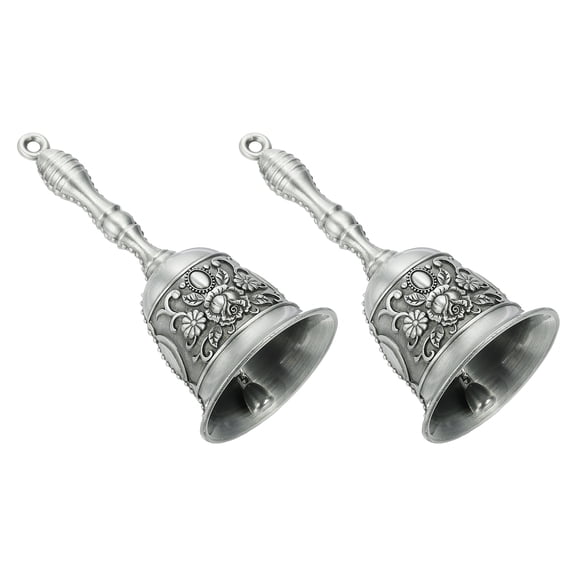 Uxcell 2Pcs Loud Hand Bell, 2.09 Inch Wedding Dinner Service Call Bells, Vintage Alloy Carving Jingle Bell for Restaurant, Seniors Bedside, Meditation, Silver