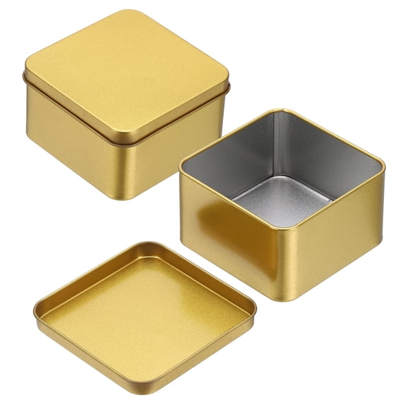 Uxcell 2Pcs Metal Tin Box, 3.1x1.8" Square Empty Tinplate Containers with Lid Portable Storage Box Candy Jars for Valentine's Day, Candle Jewelry Craft Storage Home Organizer, Gold