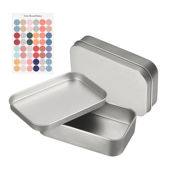 Uxcell 2Pcs Metal Tin Box Container, 3.7x2.4x0.9" Rectangular Empty Box with Self Adhesive Colored Stickers, Mini Portable Storage Containers for Candy, Drawing Pin Crafts, Silver
