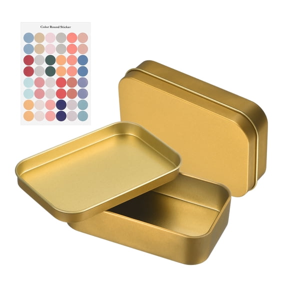 Uxcell 2Pcs Metal Tin Box Container, 3.7x2.4x0.9" Rectangular Empty Box with Self Adhesive Colored Stickers, Mini Portable Storage Containers for Candy, Drawing Pin Crafts, Gold
