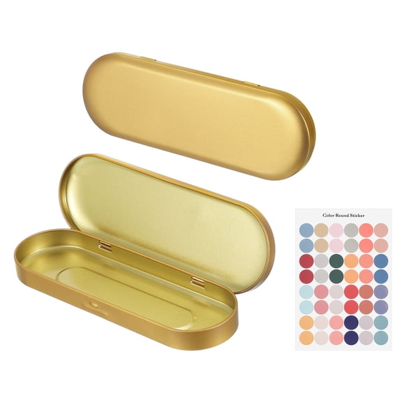 Uxcell 2Pcs Metal Tin Box Container, 6.9x2.4x0.7" Oval Empty Hinged Lid Box with Self Adhesive Colored Sticker, Mini Portable Storage Container for Candy, Drawing Pin Crafts, Gold