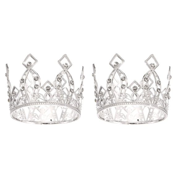 Uxcell 2Pcs Mini Crown Cake Toppers, Alloy Queen Princess Little Silver Crown Heart Shaped, Diamond Square Crown